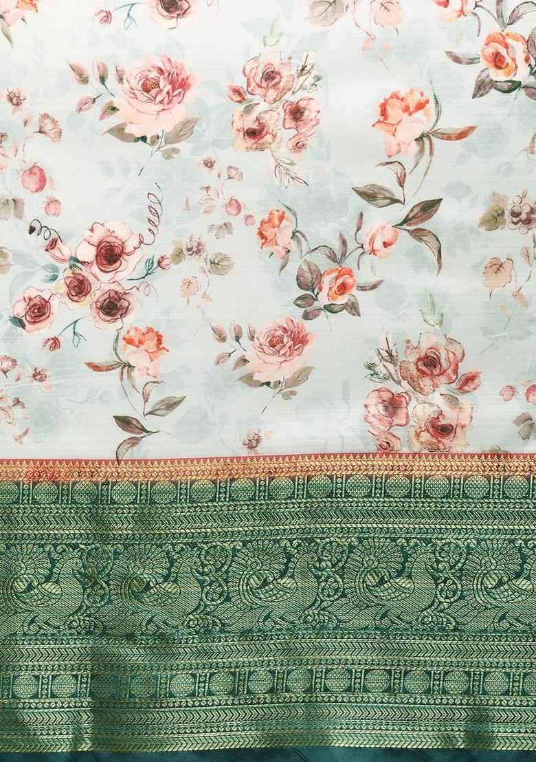 Grey Printed Pure Silk Saree