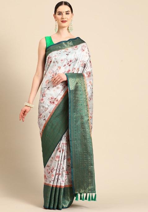 Grey Printed Pure Silk Saree