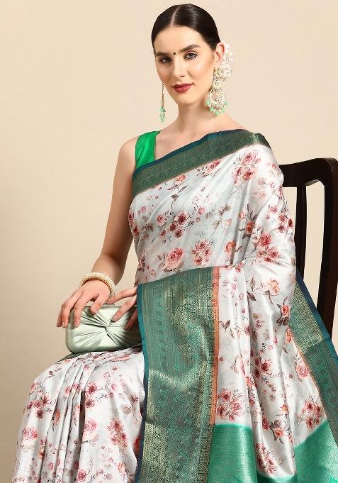Grey Printed Pure Silk Saree