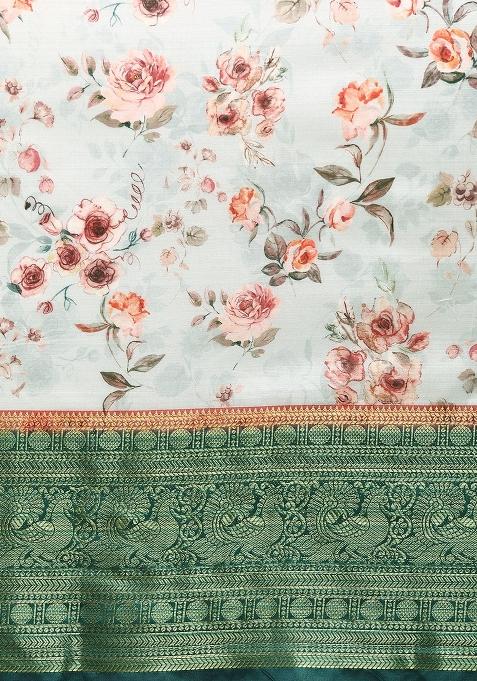 Grey Printed Pure Silk Saree