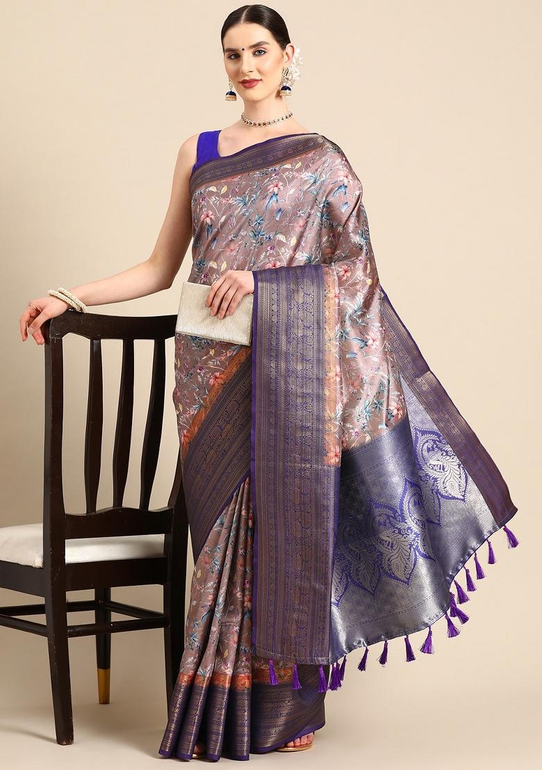 Brown Printed Pure Silk Saree