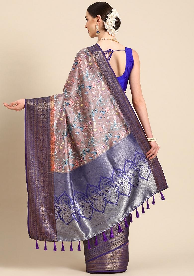 Brown Printed Pure Silk Saree
