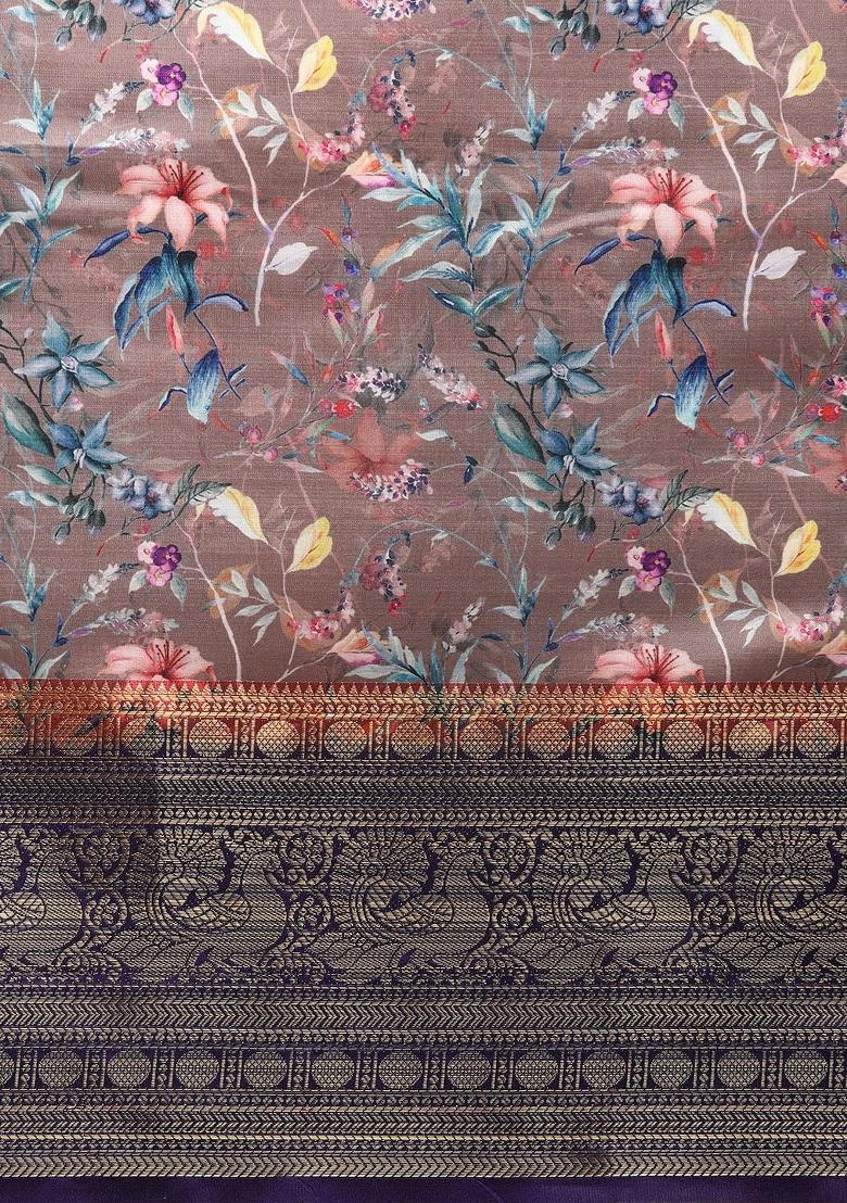 Brown Printed Pure Silk Saree