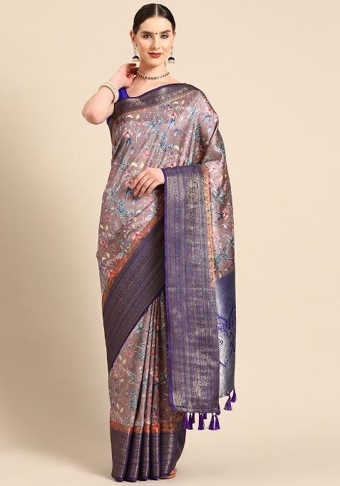 Brown Printed Pure Silk Saree