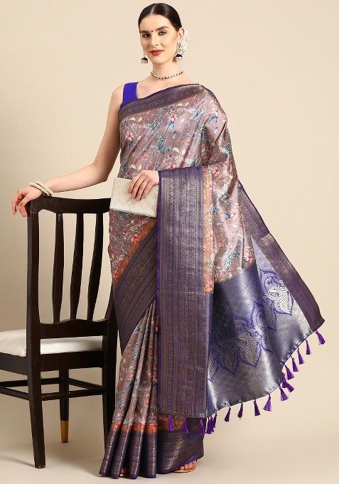 Brown Printed Pure Silk Saree