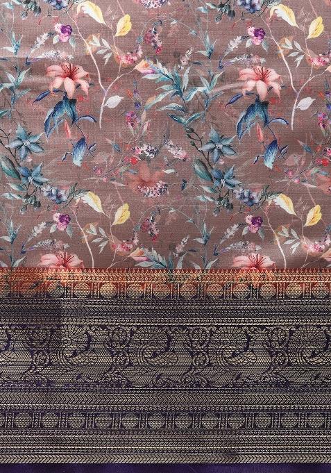 Brown Printed Pure Silk Saree