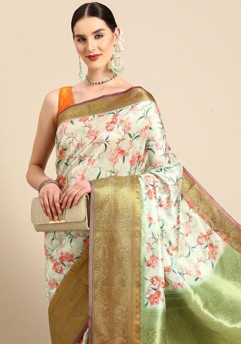 Green Printed Pure Silk Saree