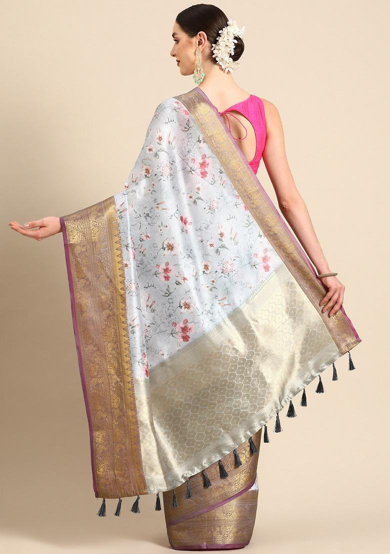 Grey Printed Pure Silk Saree