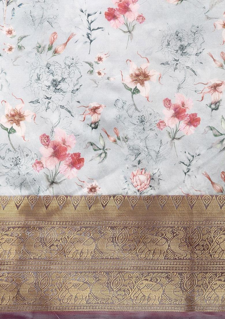 Grey Printed Pure Silk Saree