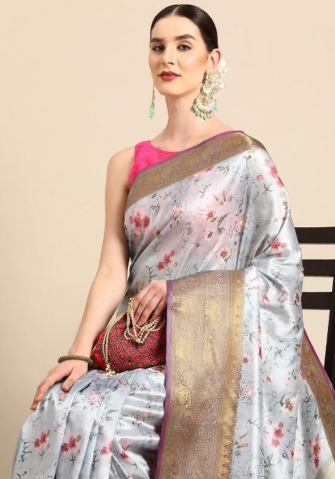 Grey Printed Pure Silk Saree