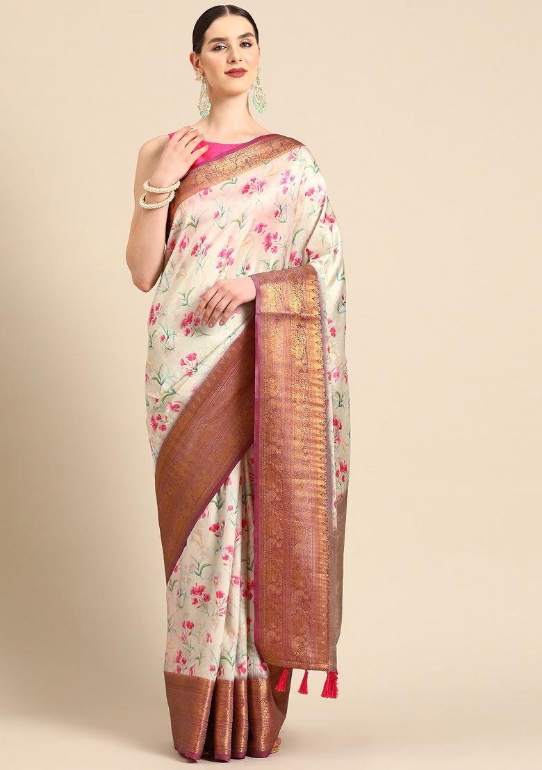 Beige Printed Pure Silk Saree