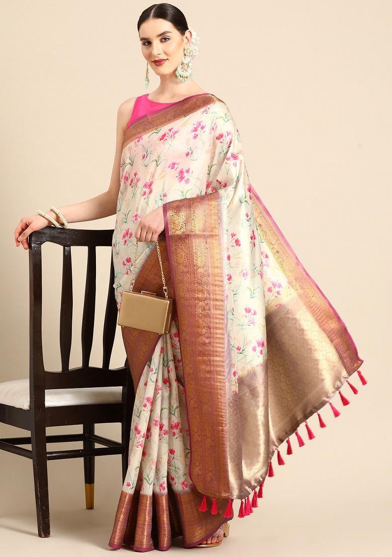 Beige Printed Pure Silk Saree