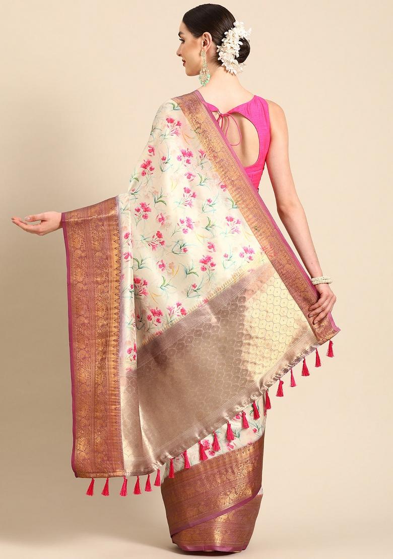 Beige Printed Pure Silk Saree
