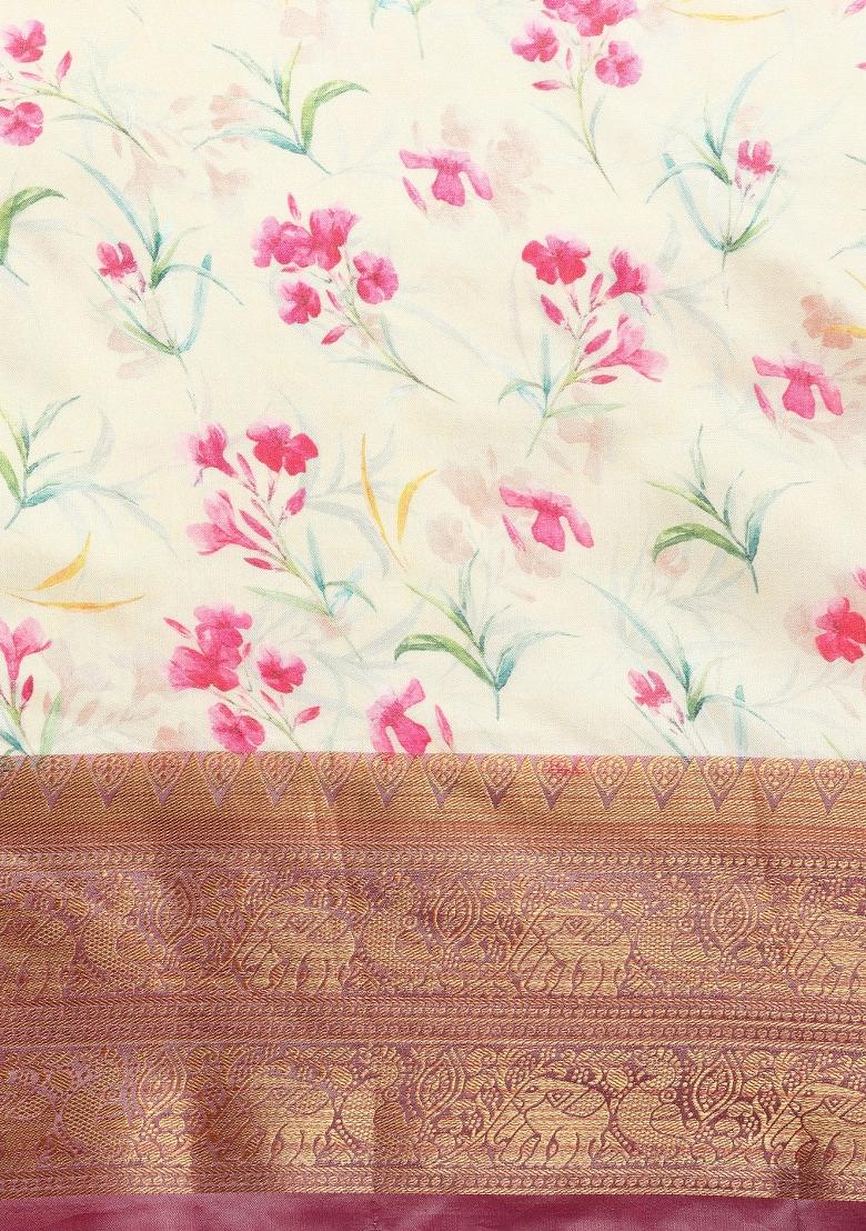 Beige Printed Pure Silk Saree