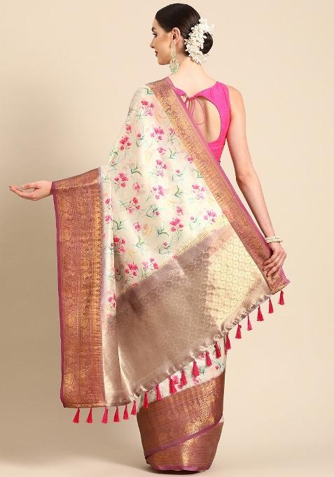 Beige Printed Pure Silk Saree