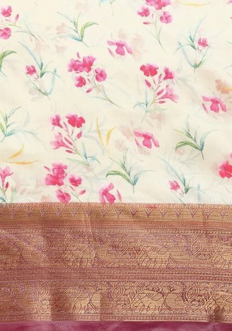Beige Printed Pure Silk Saree