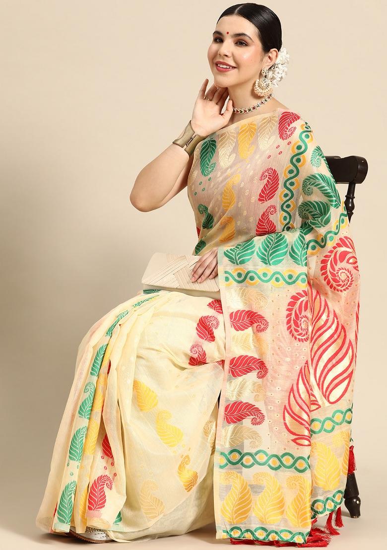 Beige Woven Design Pure Cotton Saree