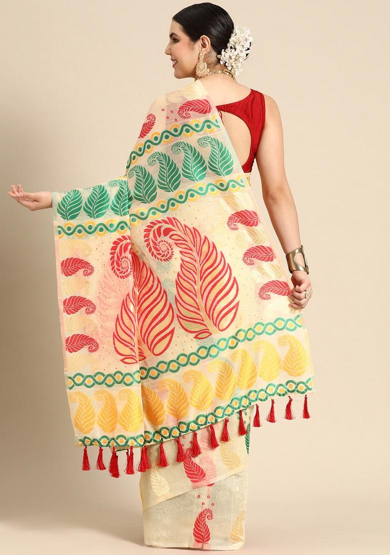 Beige Woven Design Pure Cotton Saree