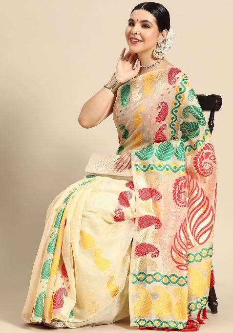 Beige Woven Design Pure Cotton Saree