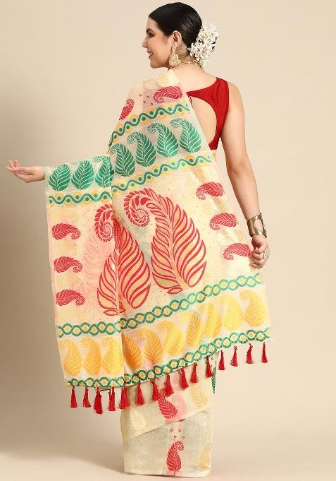 Beige Woven Design Pure Cotton Saree