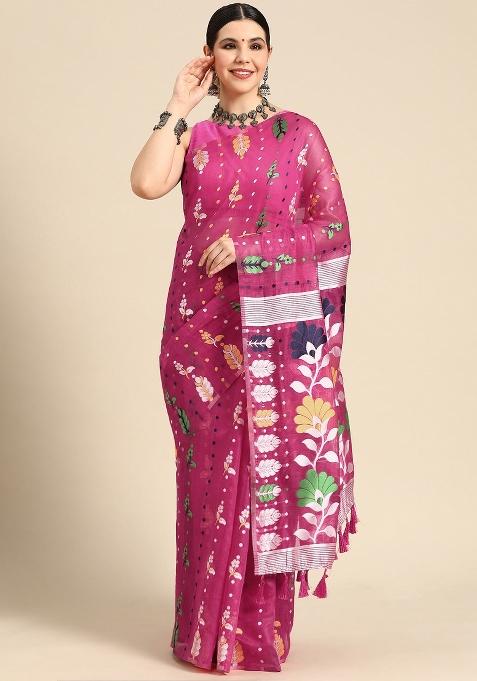 Magenta Woven Design Pure Cotton Saree