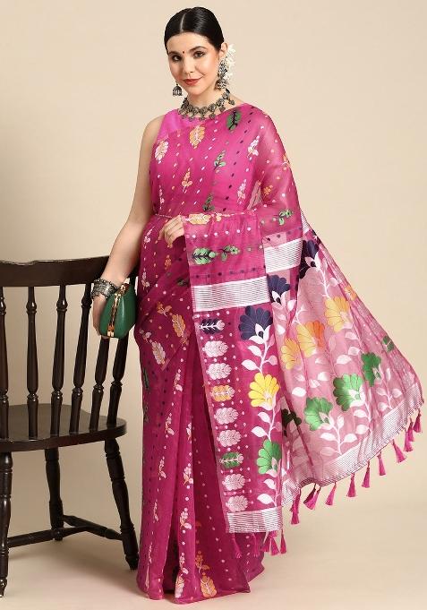 Magenta Woven Design Pure Cotton Saree