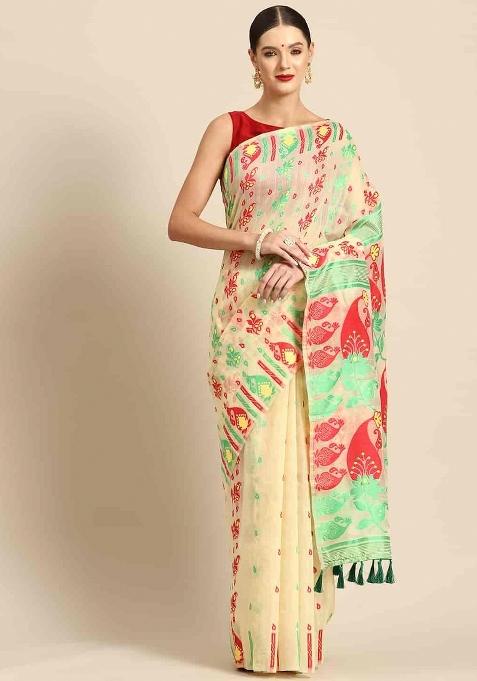 Beige Woven Design Pure Cotton Saree