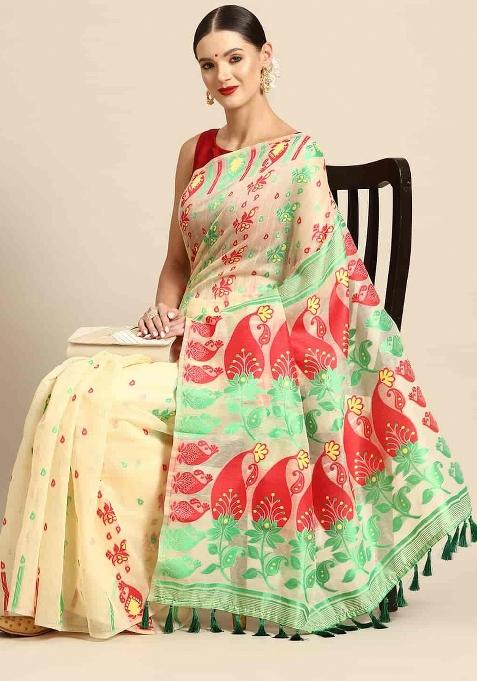 Beige Woven Design Pure Cotton Saree