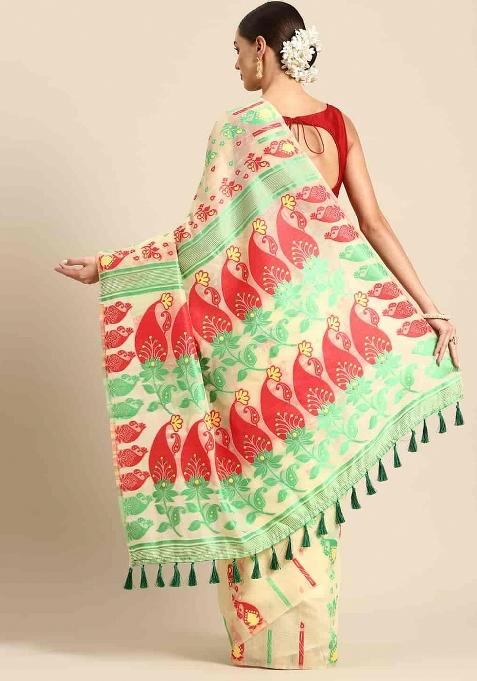 Beige Woven Design Pure Cotton Saree
