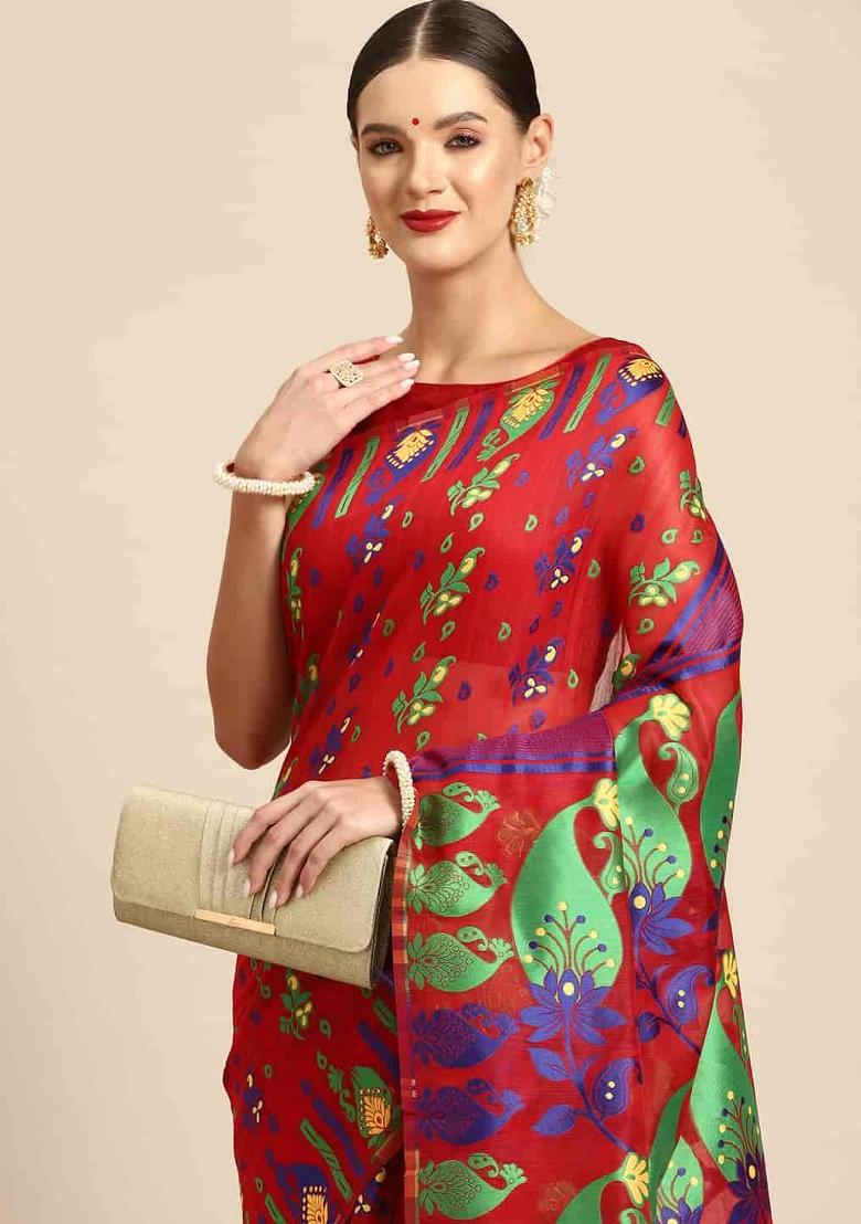 Red Woven Design Pure Cotton Saree