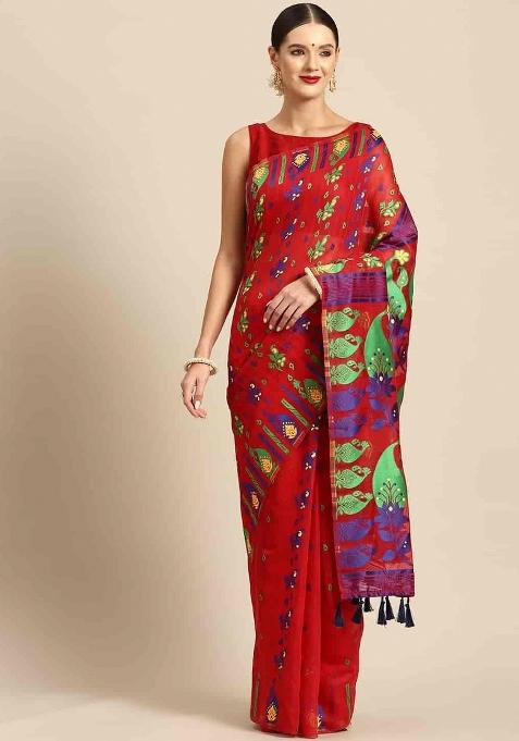 Red Woven Design Pure Cotton Saree