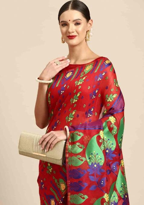 Red Woven Design Pure Cotton Saree