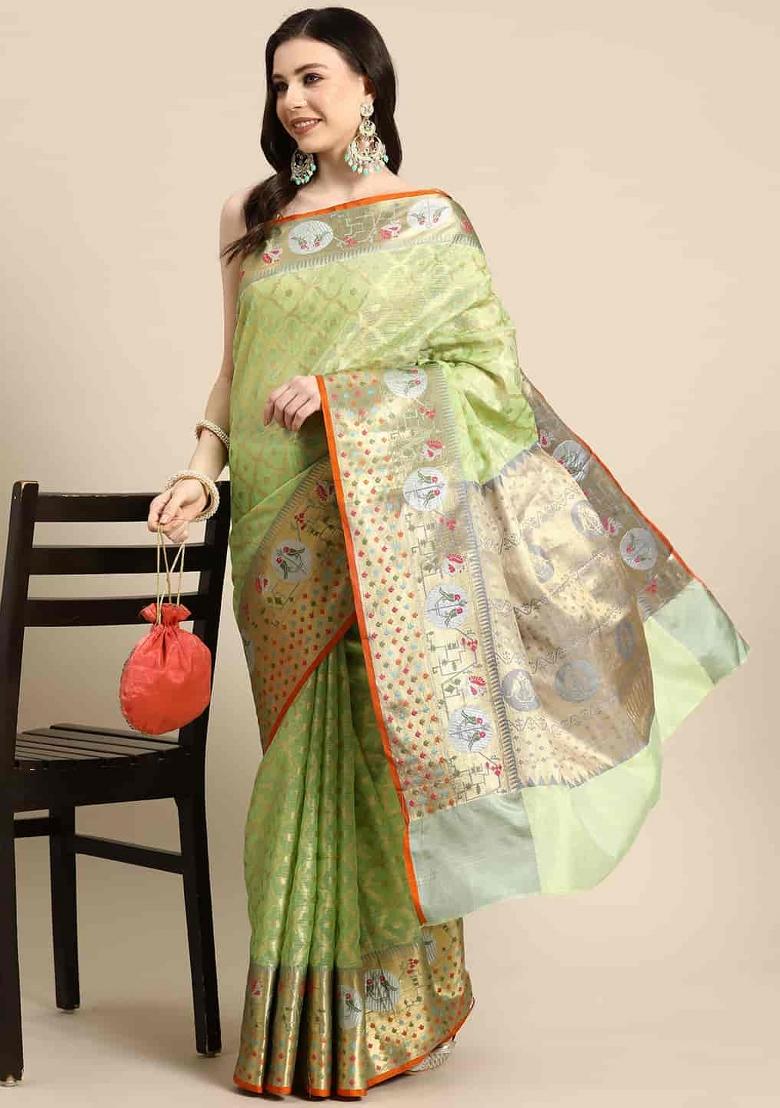 Green Woven Design Tissue Silk Saree