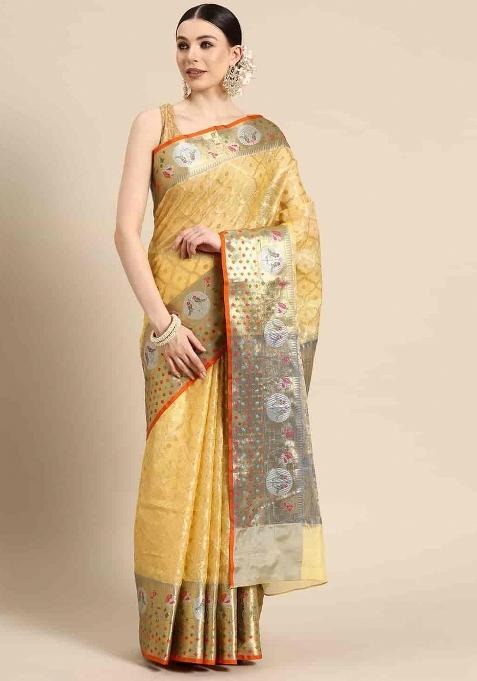 Yellow Woven Design Tissue Silk Saree