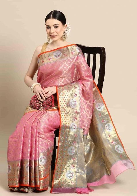 Pink Woven Design Tissue Silk Saree