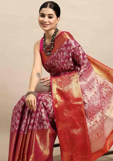 Pink Woven Design Brocade Saree