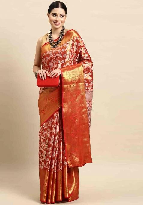 Red Woven Design Brocade Saree