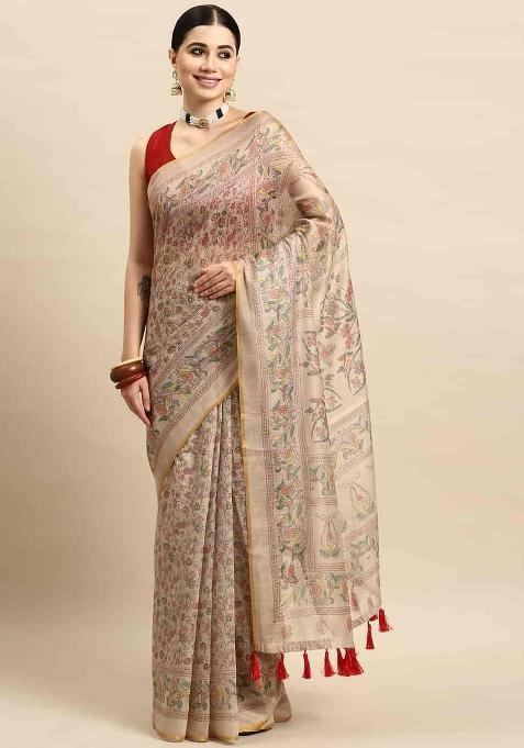 Multicolor Printed Cotton Blend Saree