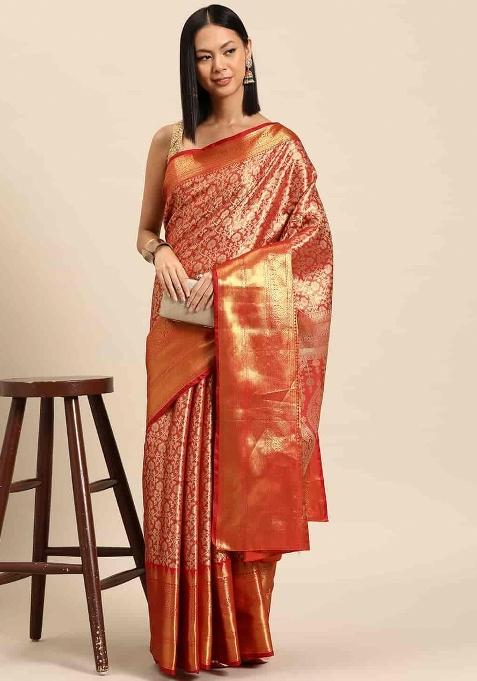 Red Woven Design Brocade Saree