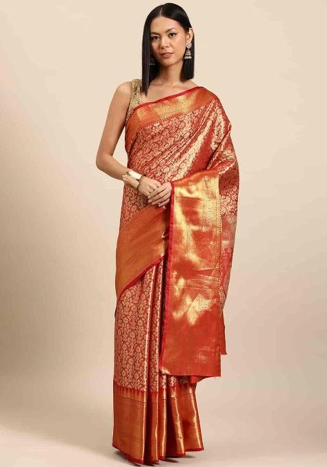 Red Woven Design Brocade Saree