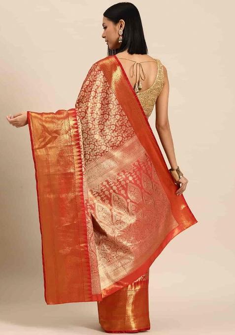 Red Woven Design Brocade Saree