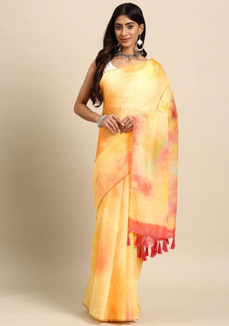 Yellow Printed Organza Saree