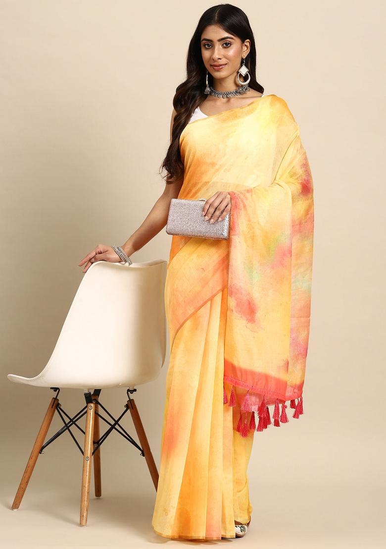 Yellow Printed Organza Saree