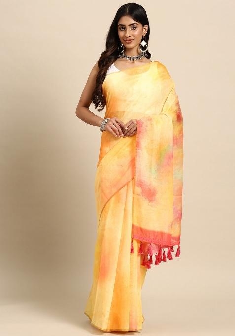 Yellow Printed Organza Saree