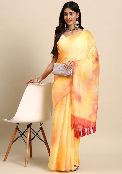 Yellow Printed Organza Saree