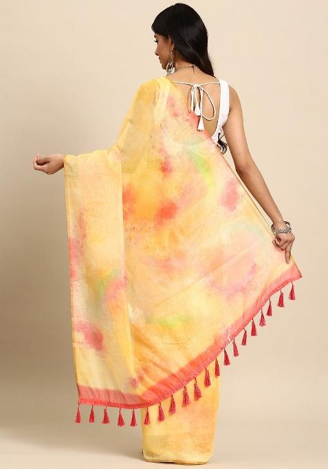 Yellow Printed Organza Saree