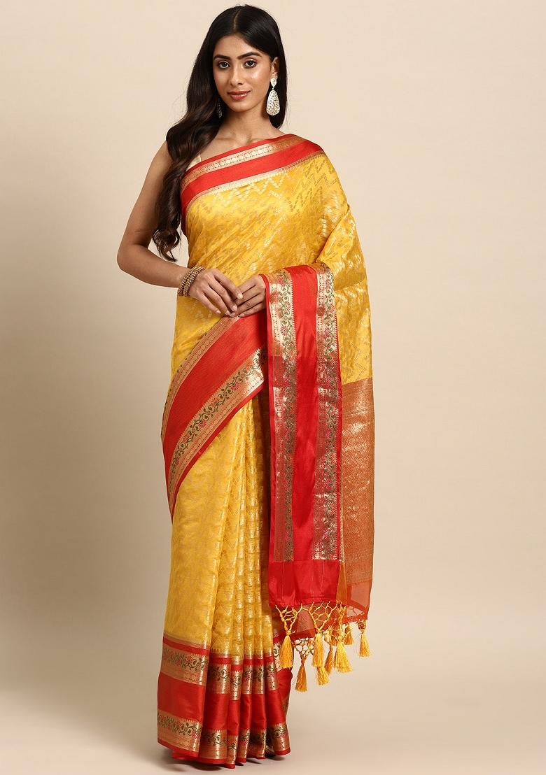 Yellow Woven Design Silk Blend Saree
