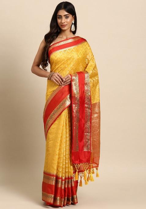 Yellow Woven Design Silk Blend Saree