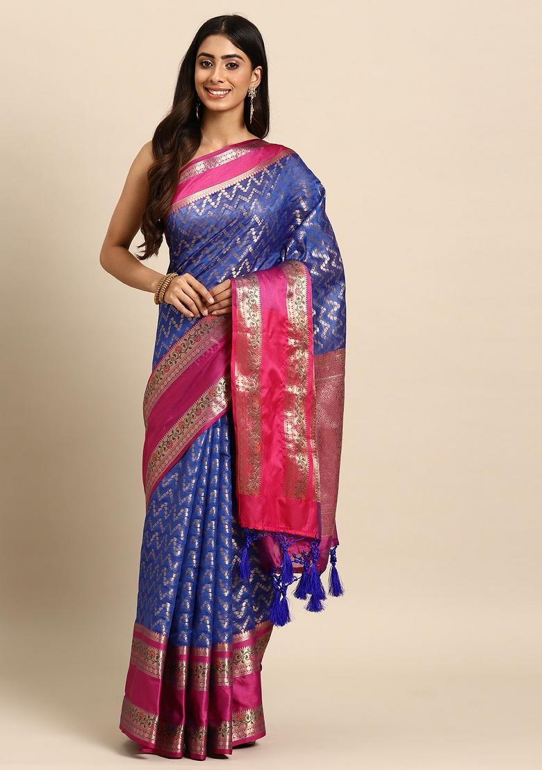 Navy Blue Woven Design Silk Blend Saree