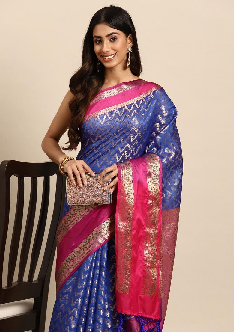 Navy Blue Woven Design Silk Blend Saree